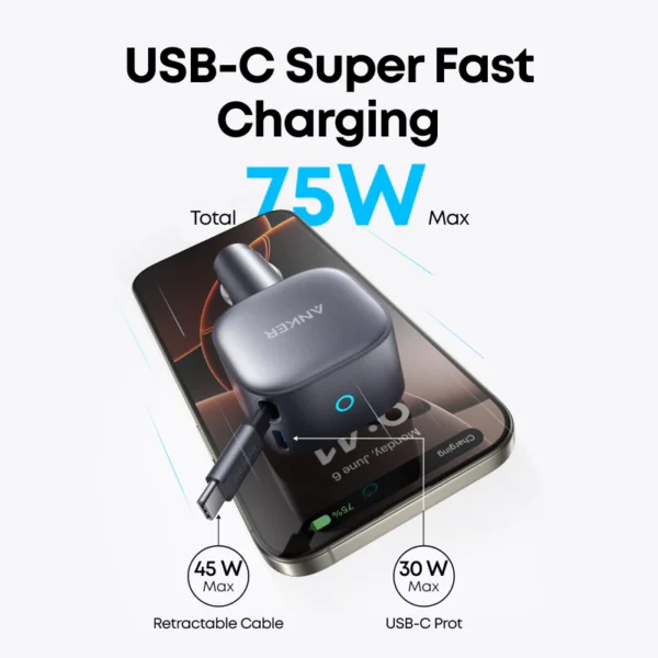 Nano Car Charger 75W with Retractable USB-C Cable