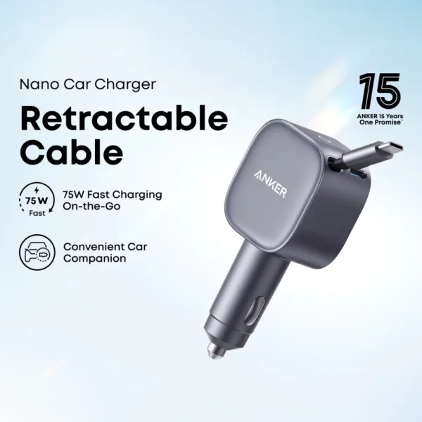 Nano Car Charger 75W with Retractable USB-C Cable